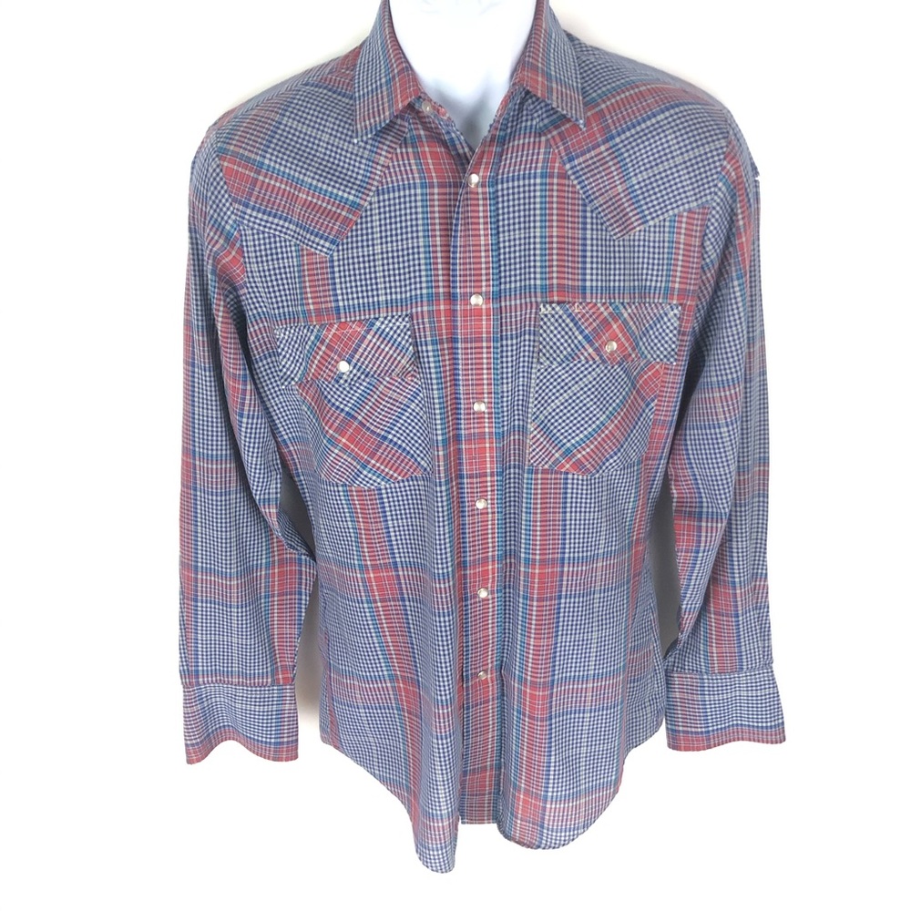 Vintage Mervyn's Red Blue Pearl Snap Shirt S